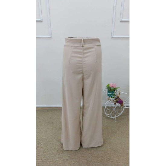 Kadın Yüksek Bel Geniş Paça Detaylı Cepli Ithal Krep Pantolon , 32734