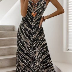 Kadın Ip Askılı V Yakalı Desenli Uzun Süprem Elbise, 32774