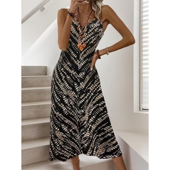 Kadın Ip Askılı V Yakalı Desenli Uzun Süprem Elbise, 32774