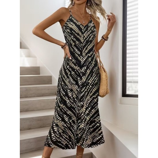 Kadın Ip Askılı V Yakalı Desenli Uzun Süprem Elbise, 32774