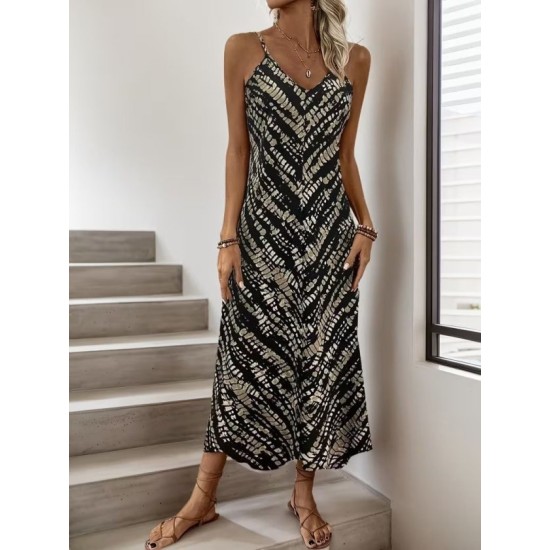Kadın Ip Askılı V Yakalı Desenli Uzun Süprem Elbise, 32774