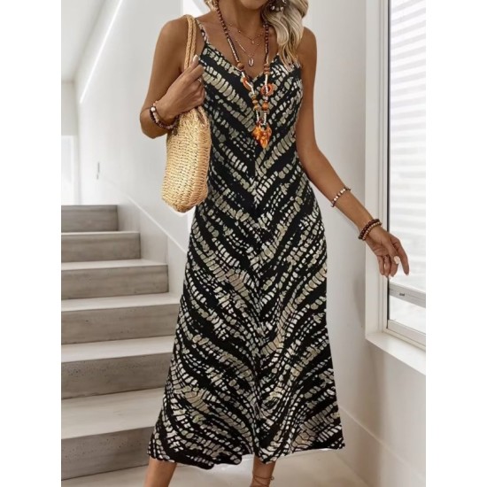 Kadın Ip Askılı V Yakalı Desenli Uzun Süprem Elbise, 32774