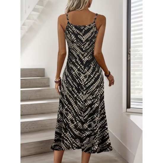 Kadın Ip Askılı V Yakalı Desenli Uzun Süprem Elbise, 32774