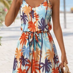 Kadını Askılı V Yakalı Duğme Detaylı Desenli Kısa Süprem Elbise, 32773