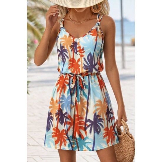 Kadını Askılı V Yakalı Duğme Detaylı Desenli Kısa Süprem Elbise, 32773