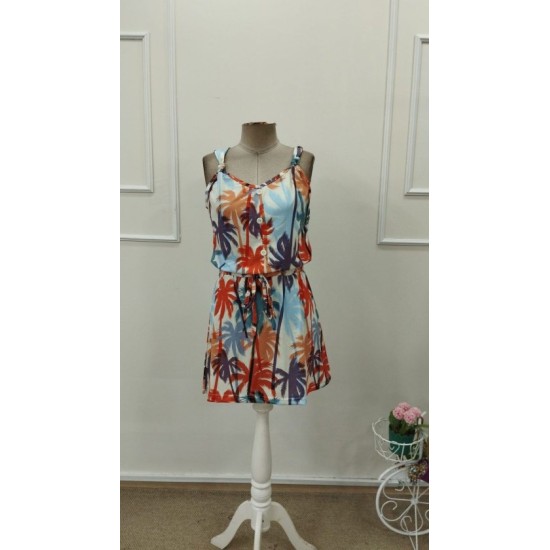 Kadını Askılı V Yakalı Duğme Detaylı Desenli Kısa Süprem Elbise, 32773