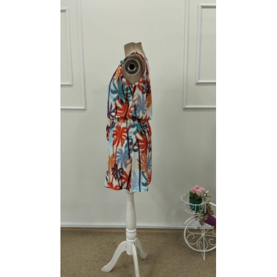 Kadını Askılı V Yakalı Duğme Detaylı Desenli Kısa Süprem Elbise, 32773