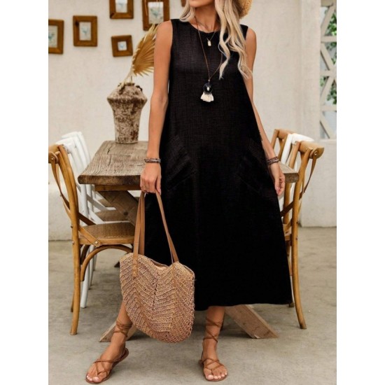 Kadın Askılı Yuvarlak Yakalı Kıloş Cepli Uzun Elbise, 32769