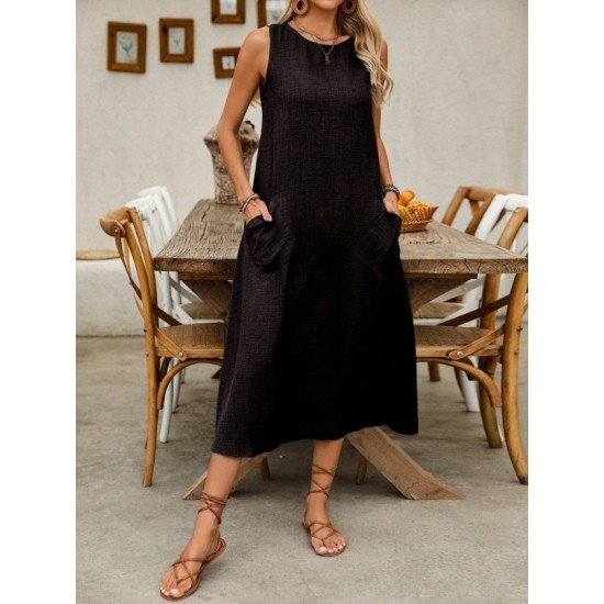 Kadın Askılı Yuvarlak Yakalı Kıloş Cepli Uzun Elbise, 32769