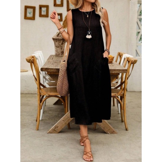 Kadın Askılı Yuvarlak Yakalı Kıloş Cepli Uzun Elbise, 32769