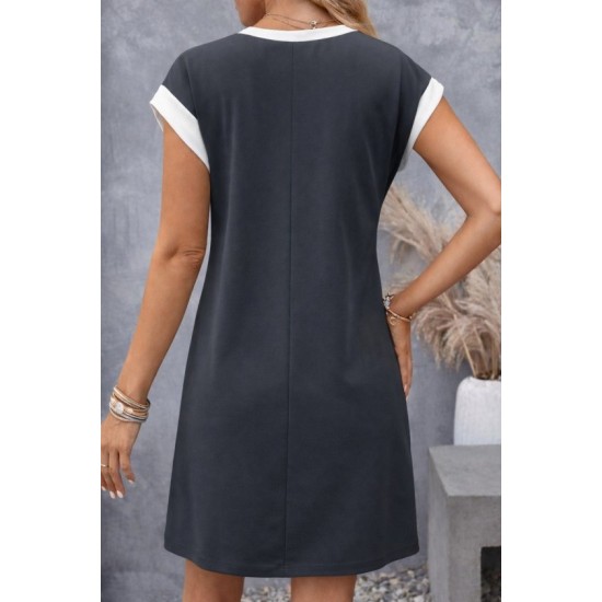 Kadın Kısa Kollu Yuvarlak Yakalı Kontrast Manset Detaylı Kısa Janjan Krep Elbise, 32768