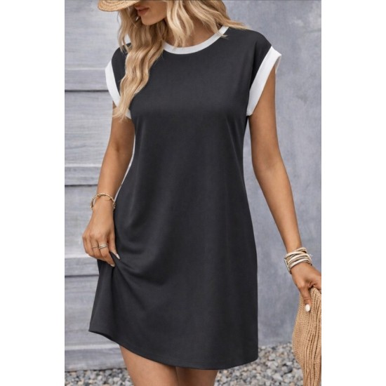 Kadın Kısa Kollu Yuvarlak Yakalı Kontrast Manset Detaylı Kısa Janjan Krep Elbise, 32768