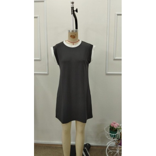 Kadın Kısa Kollu Yuvarlak Yakalı Kontrast Manset Detaylı Kısa Janjan Krep Elbise, 32768