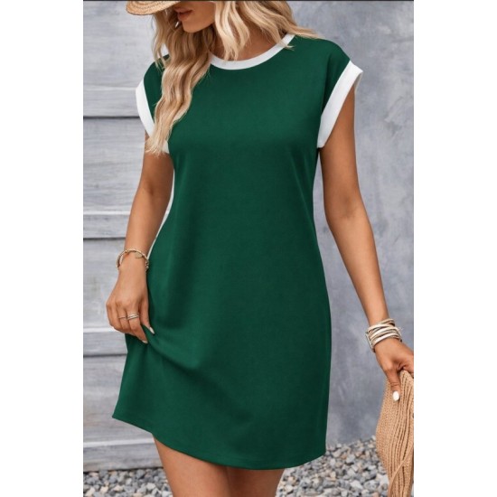 Kadın Kısa Kollu Yuvarlak Yakalı Kontrast Manset Detaylı Kısa Janjan Krep Elbise, 32767