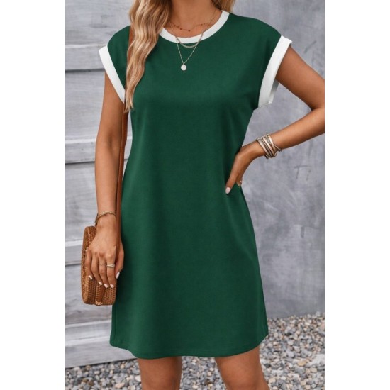 Kadın Kısa Kollu Yuvarlak Yakalı Kontrast Manset Detaylı Kısa Janjan Krep Elbise, 32767