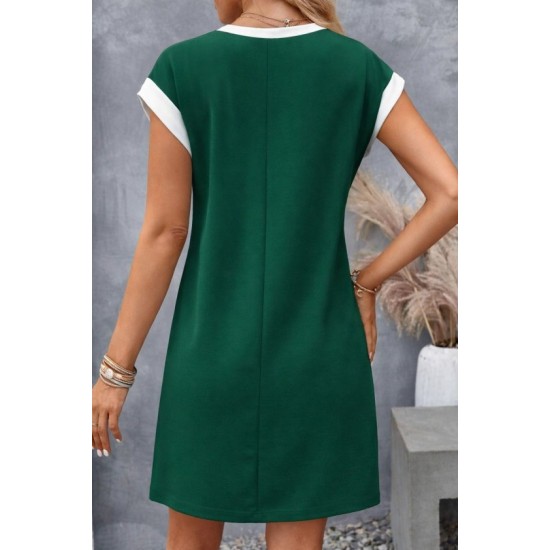 Kadın Kısa Kollu Yuvarlak Yakalı Kontrast Manset Detaylı Kısa Janjan Krep Elbise, 32767