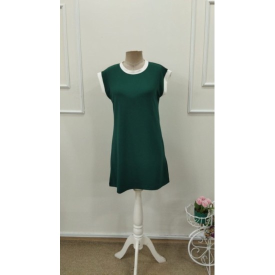 Kadın Kısa Kollu Yuvarlak Yakalı Kontrast Manset Detaylı Kısa Janjan Krep Elbise, 32767