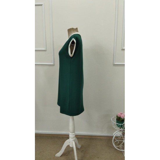 Kadın Kısa Kollu Yuvarlak Yakalı Kontrast Manset Detaylı Kısa Janjan Krep Elbise, 32767