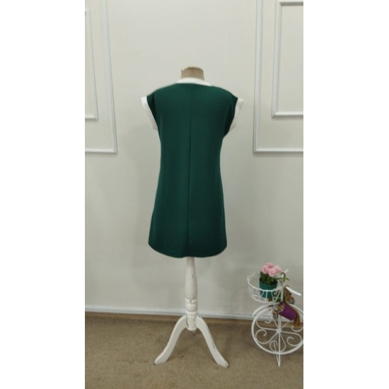 Kadın Kısa Kollu Yuvarlak Yakalı Kontrast Manset Detaylı Kısa Janjan Krep Elbise, 32767