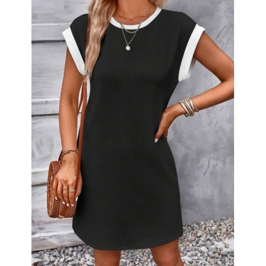 Kadın Kısa Kollu Yuvarlak Yakalı Kontrast Manset Detaylı Kısa Janjan Krep Elbise, 32765