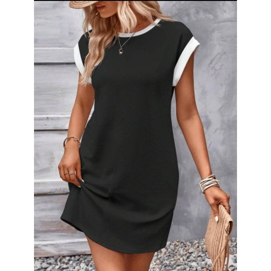 Kadın Kısa Kollu Yuvarlak Yakalı Kontrast Manset Detaylı Kısa Janjan Krep Elbise, 32765