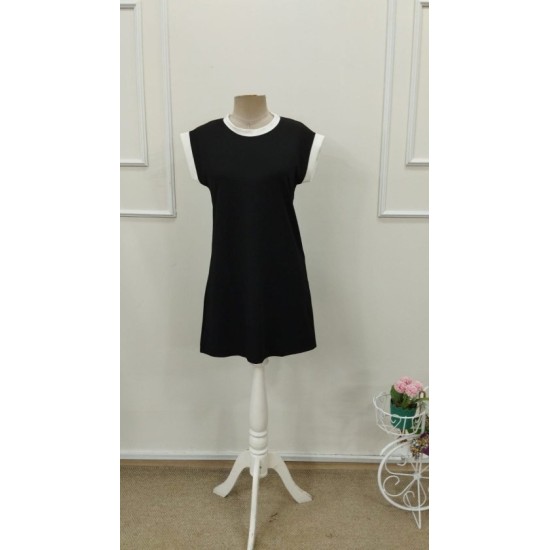 Kadın Kısa Kollu Yuvarlak Yakalı Kontrast Manset Detaylı Kısa Janjan Krep Elbise, 32765