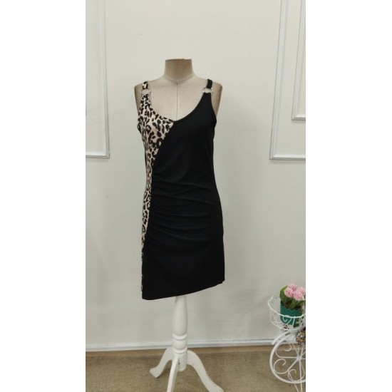 Kadın Askılı V Yakalı Asimetrik Görünümlü Leopar Detaylı Janjan Krep Kısa Elbise , 32764