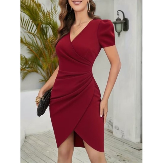 Kadın Kısa Kollu Kruvaze Yakalı Asımetrık Kesım Detaylı Kısa Ithal Krep Elbise, 32758