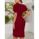 Kadın Kısa Kollu Kruvaze Yakalı Asımetrık Kesım Detaylı Kısa Ithal Krep Elbise, 32758