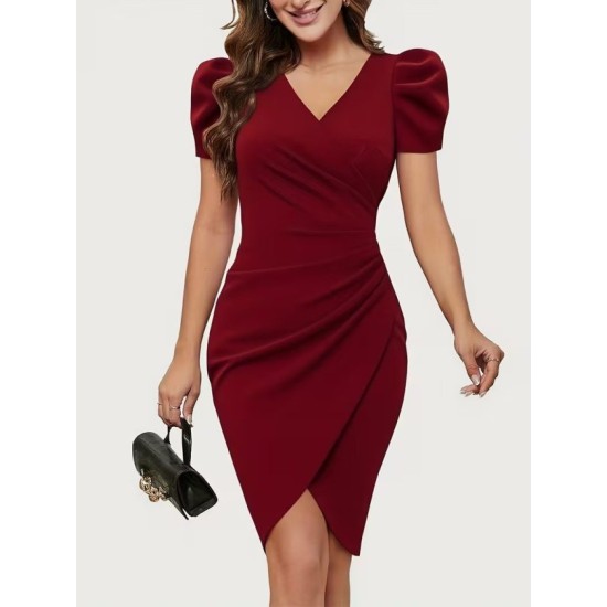 Kadın Kısa Kollu Kruvaze Yakalı Asımetrık Kesım Detaylı Kısa Ithal Krep Elbise, 32758