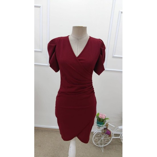 Kadın Kısa Kollu Kruvaze Yakalı Asımetrık Kesım Detaylı Kısa Ithal Krep Elbise, 32758