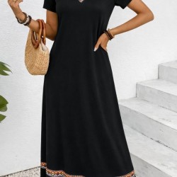 Kadın Kısa Kollu V Yakalı Etnik şerit Detaylı Uzun Viskon , 32755