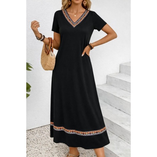 Kadın Kısa Kollu V Yakalı Etnik şerit Detaylı Uzun Viskon , 32755