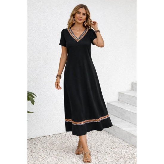 Kadın Kısa Kollu V Yakalı Etnik şerit Detaylı Uzun Viskon , 32755