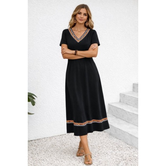 Kadın Kısa Kollu V Yakalı Etnik şerit Detaylı Uzun Viskon , 32755