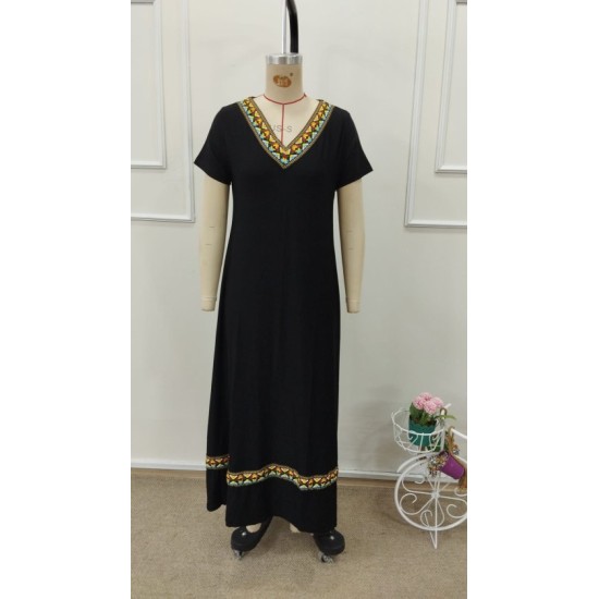 Kadın Kısa Kollu V Yakalı Etnik şerit Detaylı Uzun Viskon , 32755