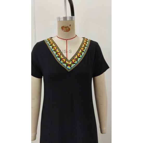 Kadın Kısa Kollu V Yakalı Etnik şerit Detaylı Uzun Viskon , 32755