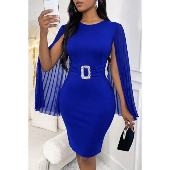 Kadın Kısa Pelerın Kollu Yuvarlak Yakalı Tokalı Kısa Ithal Krep Elbise, 32751