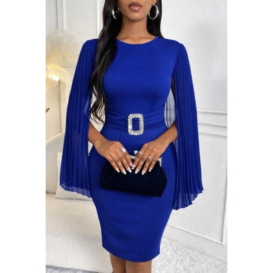 Kadın Kısa Pelerın Kollu Yuvarlak Yakalı Tokalı Kısa Ithal Krep Elbise, 32751