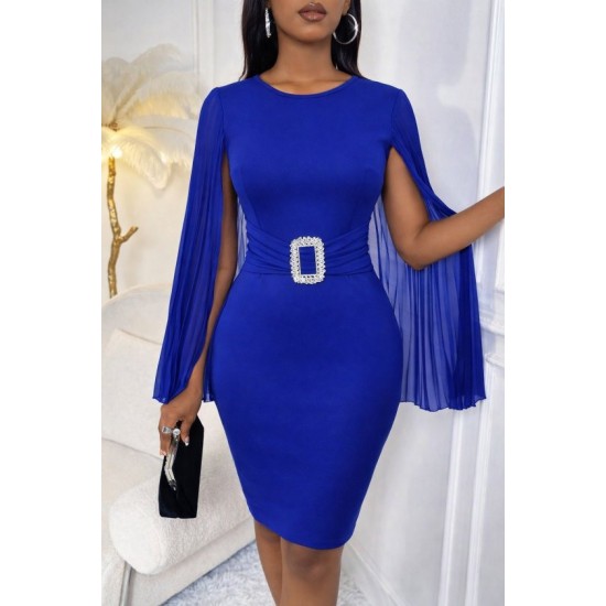 Kadın Kısa Pelerın Kollu Yuvarlak Yakalı Tokalı Kısa Ithal Krep Elbise, 32751