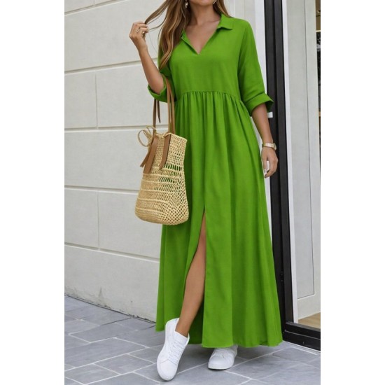 Kadın Truvakar Kollu V Yakalı Yırtmaçlı Uzun Aerobin Elbise, 32746