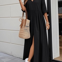 Kadın Truvakar Kollu V Yakalı Yırtmaçlı Uzun Aerobin Elbise, 32744