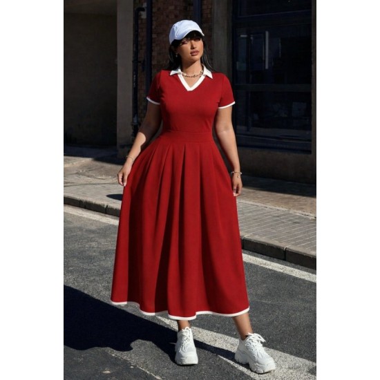 Kadın Kısa Kollu V Yakalı Pileli Uzun Janjan Krep Elbise , 32784