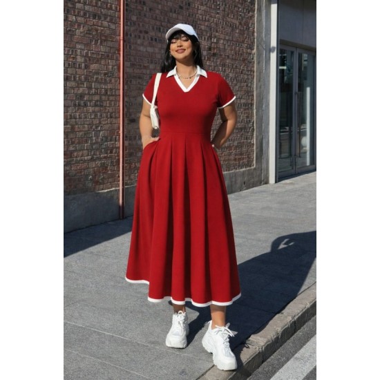 Kadın Kısa Kollu V Yakalı Pileli Uzun Janjan Krep Elbise , 32784