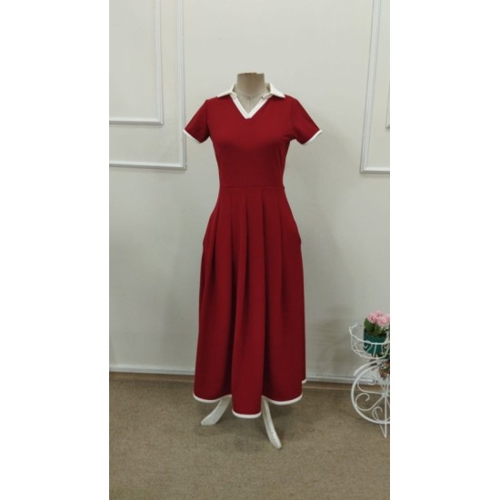 Kadın Kısa Kollu V Yakalı Pileli Uzun Janjan Krep Elbise , 32784