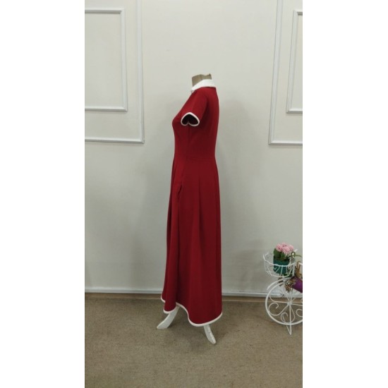 Kadın Kısa Kollu V Yakalı Pileli Uzun Janjan Krep Elbise , 32784