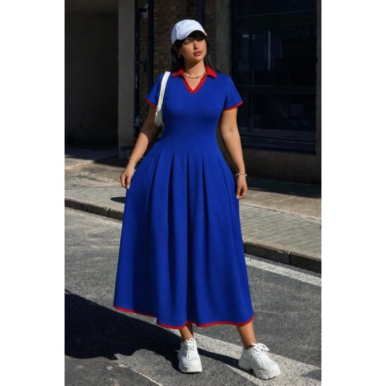 Kadın Kısa Kollu V Yakalı Pileli Uzun Janjan Krep Elbise , 32783