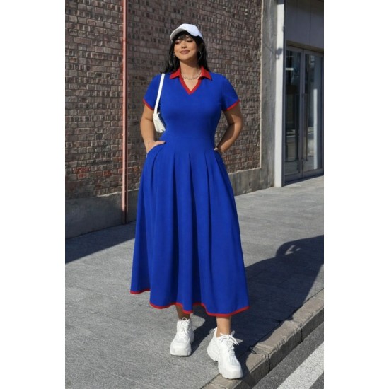 Kadın Kısa Kollu V Yakalı Pileli Uzun Janjan Krep Elbise , 32783