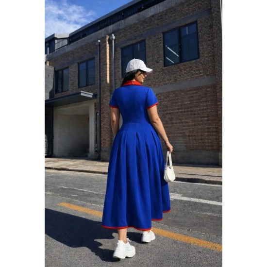 Kadın Kısa Kollu V Yakalı Pileli Uzun Janjan Krep Elbise , 32783