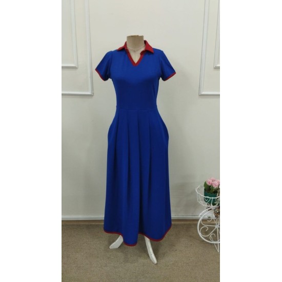 Kadın Kısa Kollu V Yakalı Pileli Uzun Janjan Krep Elbise , 32783